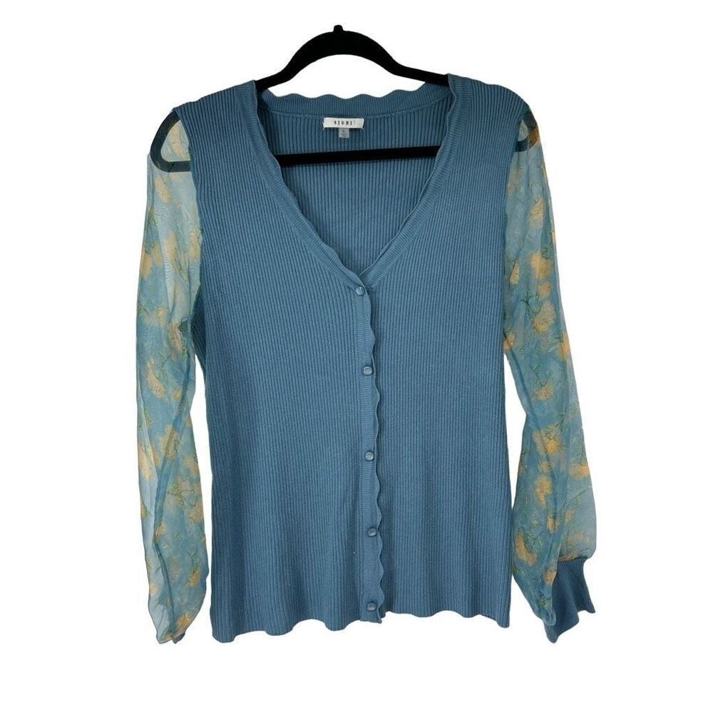 Sioni Blue Puff Sheer Floral Sleeve V Neck Faux Button Up Womens L Knit Top